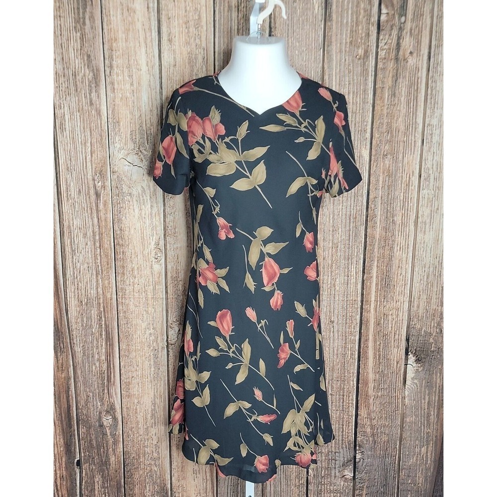Maggy London A-Line Dress Black Short Sleeve Floral Lined Sz 8